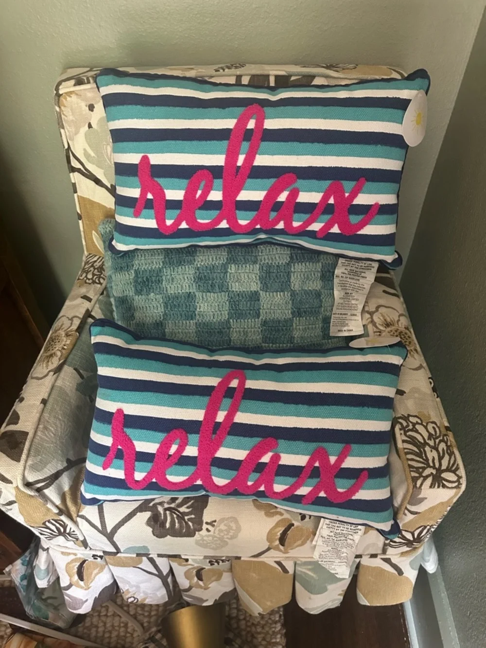 Striped "relax" Accent Pillow - Teal, Navy & Pink Three pillows - Picture 1 of 2